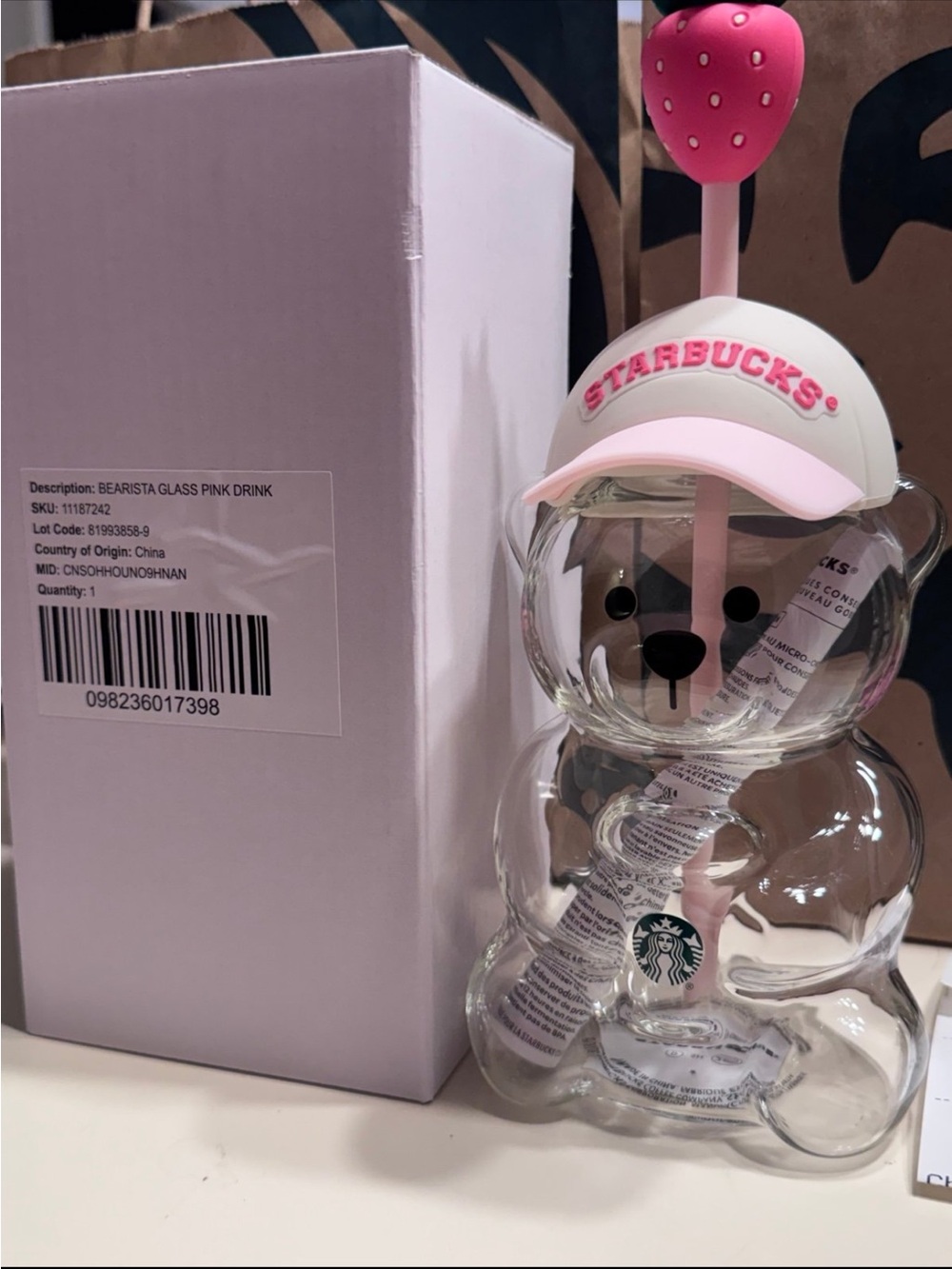 Starbucks Bearista Clear Glass Bear Cup with Pink Strawberry Straw-New in Box